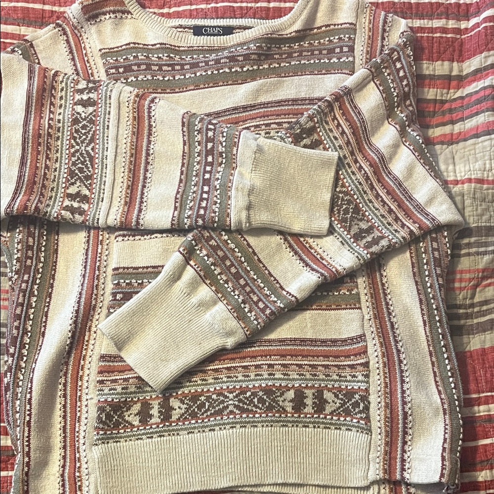 Chaps Cream Sweater with Rust and Brown Fair Isle Stripes